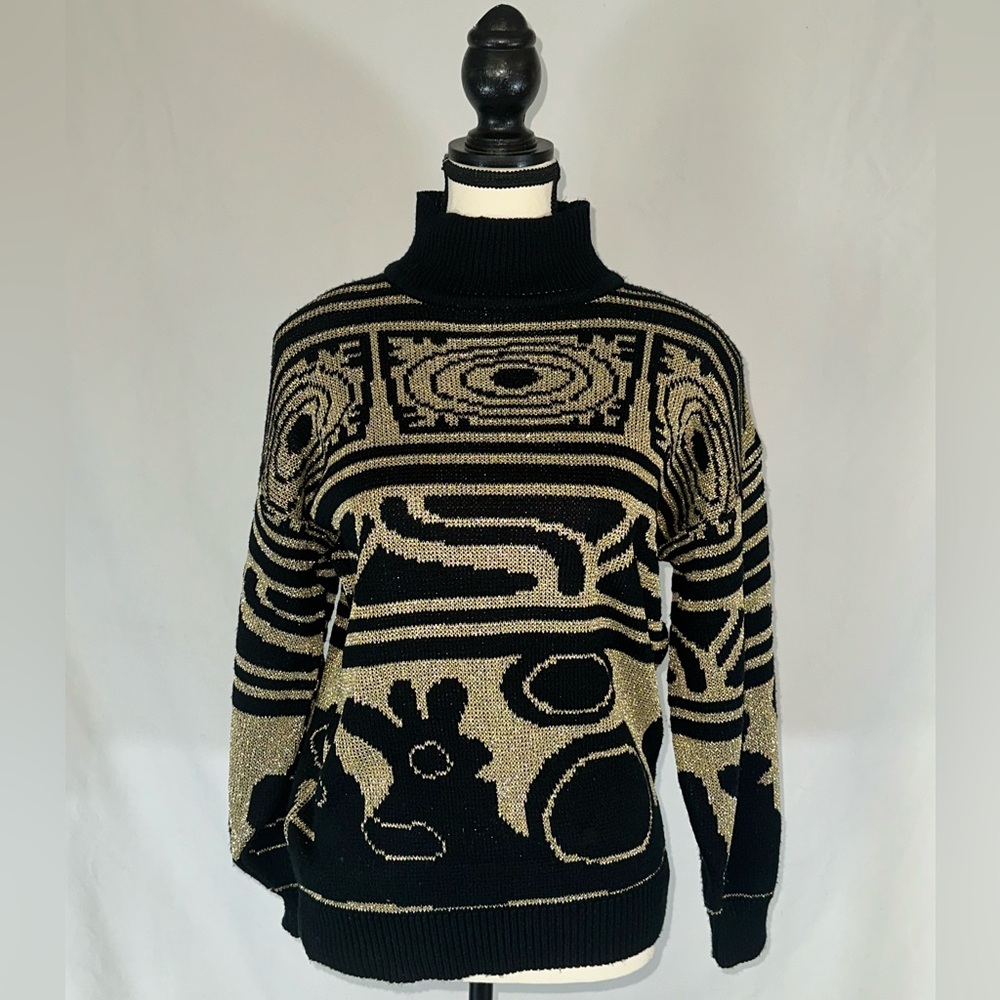 GB • Vintage Black Gold Tribal Oversized Sweater • Metallic Gladys Bagley 80s